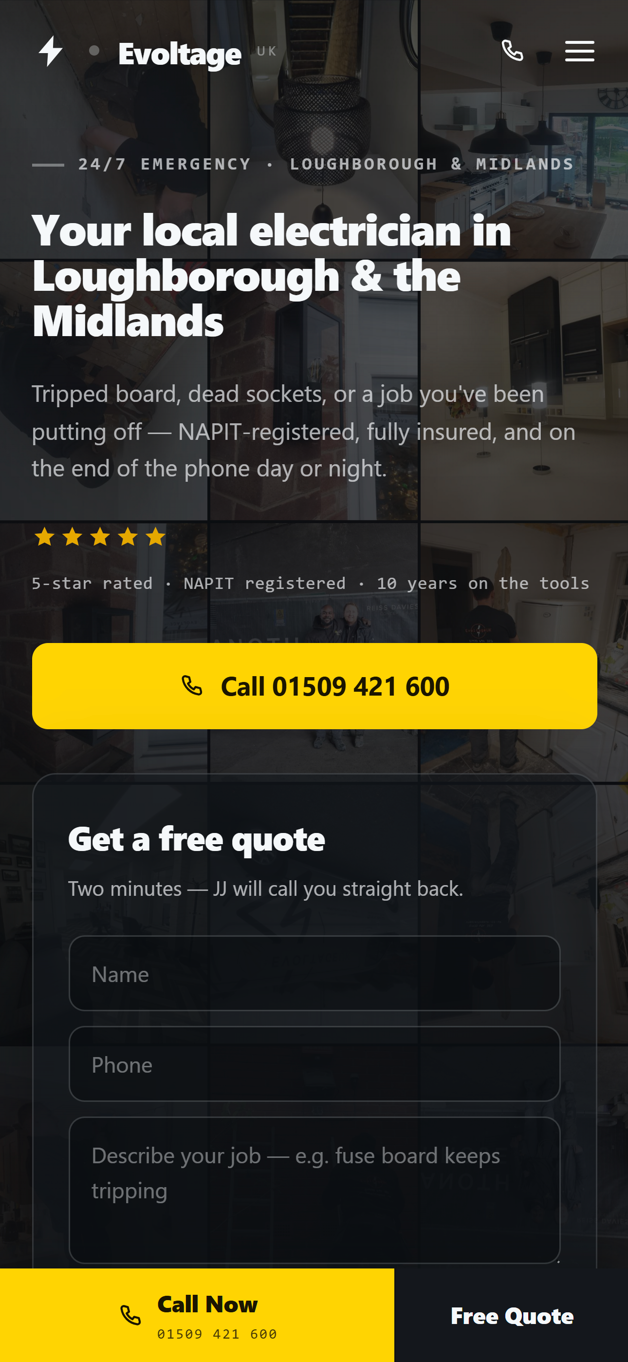 Redesigned Evoltage UK mobile homepage — prominent Call 01509 421 600 button, Get a free quote form, trust badges, sticky bottom bar