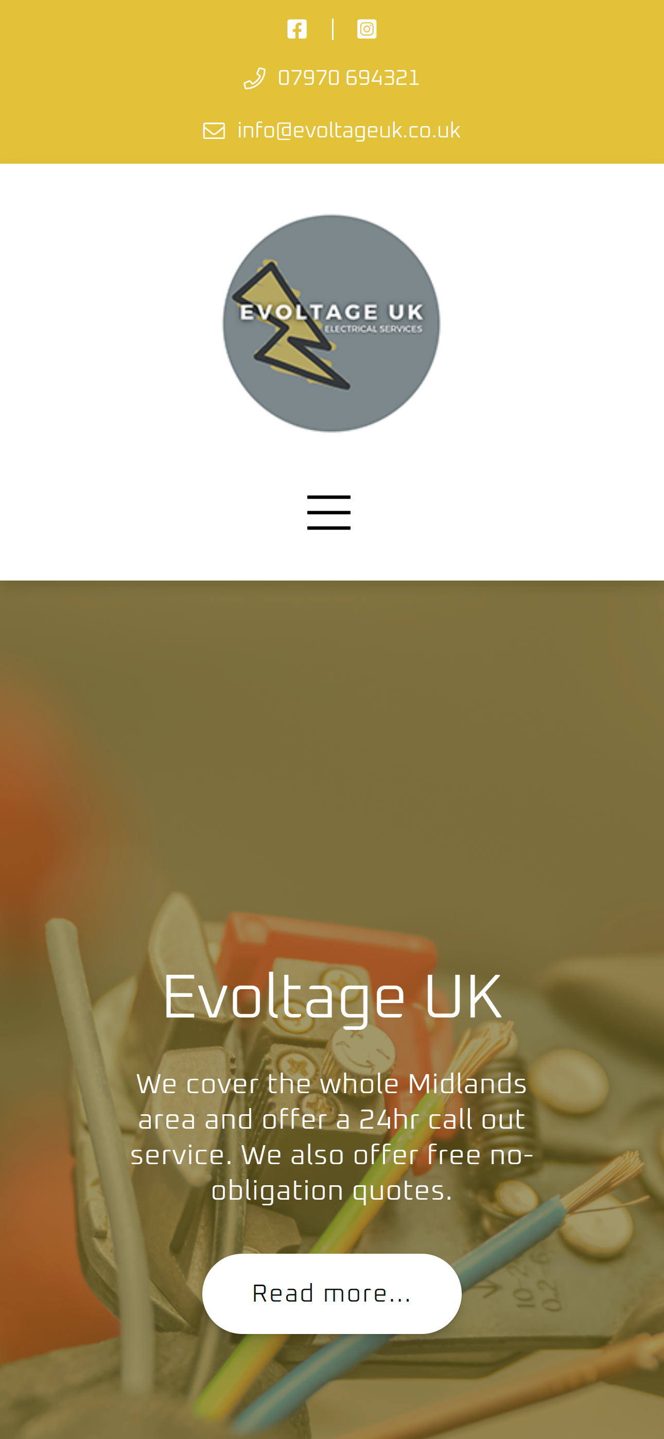 Old Evoltage UK mobile homepage — generic headline, no phone number visible, weak Read more CTA